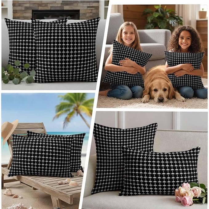 Palm Trees Outdoor Pillow Covers 24"x24" Set of 2, Summer Vintage Nautical Coastal Beach Ocean Black Tree Waterproof Throw Pillow Covers for Patio Furniture, Decorative Cushion Covers for Porch