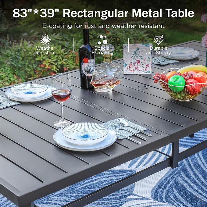 PHI VILLA Outdoor Dining Set for 8 w/Metal Table & Aluminum Chairs, Grey | Stackbale chairs, Breathable & quick-drying, Light-weight & space-saving, Rectangular Table, Umbrella Hole, Patio deck