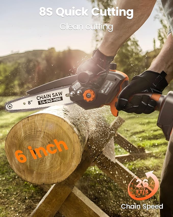Mini Chainsaw with 1500W Brushless Motor, 2x 4000mAh Batteries 8 inch & 6 inch Handheld Small Chain Saw for Wood Cutting, Gardening Gifts for Father Dad Men