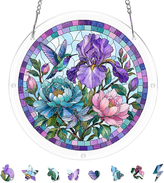 Acrylic Puzzle Suncatcher, Sun Catchers Puzzle for Window Hanging | 7.4 Inch Iris Floral DIY Suncatcher Puzzle for Adults, Ideal Gifts for Women, Men, Wife, Mom, Home & Garden Decor