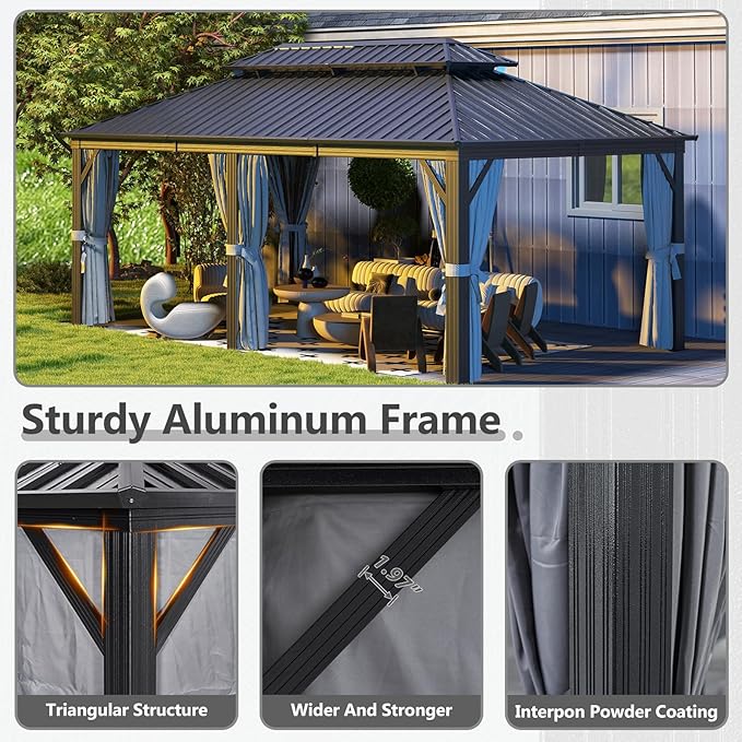 Aoxun 20Ft X 12Ft Hardtop Gazebo, Aluminum Metal Outdoor Gazebo with Breathable Netting and Curtains, Galvanized Steel Double Top, Permanent Patio Pavilion for Backyard, Wedding, Party
