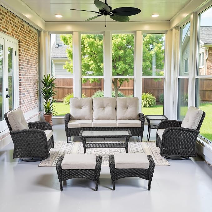 Belord Wicker Outdoor Furniture Set - 7 Piece Patio Conversation Sets with Comfort Swivel Rocker Glider Patio Chairs Set of 2 and Rattan Sofa, Tempered Glass Coffee Table and Side Table,Black/Beige