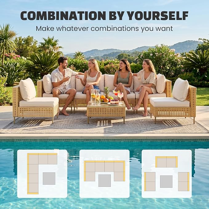 LHBcraft 7-Piece Wicker Outdoor Patio Furniture Set, Modular Rattan Outdoor Furniture, Patio Conversation Sets, Handmade Rattan, Water Resistant Fluffy Cushions and Coffee Table, Brown