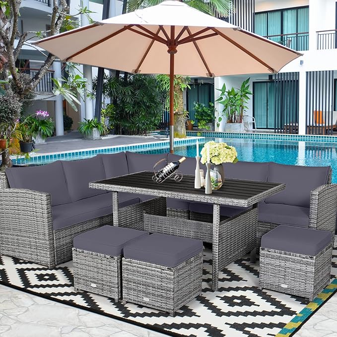 Tangkula 7 Pieces Patio Furniture Set, Outdoor Sectional Rattan Sofa Set with Cushions, All Weather Wicker Conversation Couch Set w/Dining Table & Ottomans for Backyard Garden Poolside (Grey)