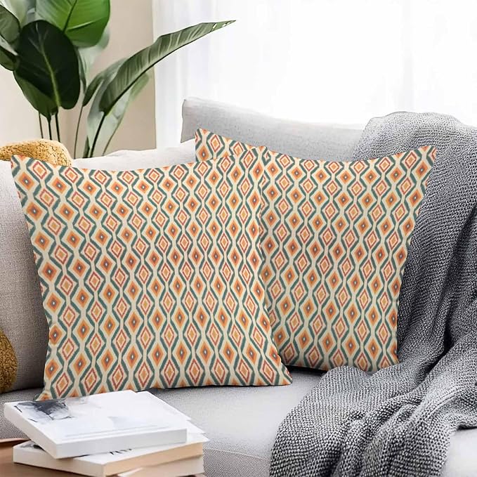Throw Pillow Covers 18x18 Inch Set of 2, Orange Teal Geometric Waterproof Outdoor Pillow Covers, Southwest Ethnic Country Decorative Cushion Pillowcases for Couch, Sofa, Bed, Garden, Patio