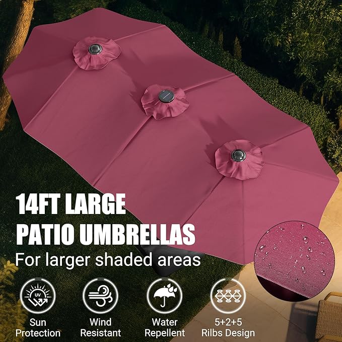 CHABATREE 15FT Double-Sided Patio Umbrella with Base Included, Large Outdoor Rectangular Market Umbrella for Backyard, Poolside, Lawn & Garden, Red