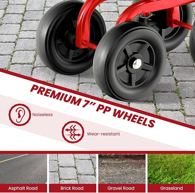 LDAILY Garden Seat with Wheels 11"-16" Adjustable Height for Lawn Planting | Rolling Garden Cart with Seat, 360° Rotatable Heavy-Duty Utility Stool Cart for Yard Work, Patio Gardening (Red)