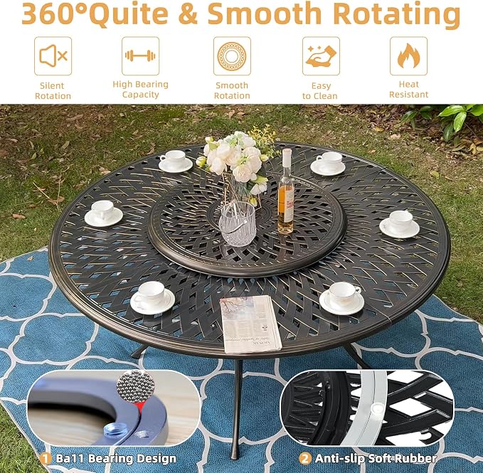 9-Piece Patio Furniture Dining Set, Cast Aluminum Outdoor Conversation Set- 61" Round Patio Dining Table with Detachable Lazy Susan & 8 Cushioned Swivel Rocker, Umbrella Hole, Chili Red