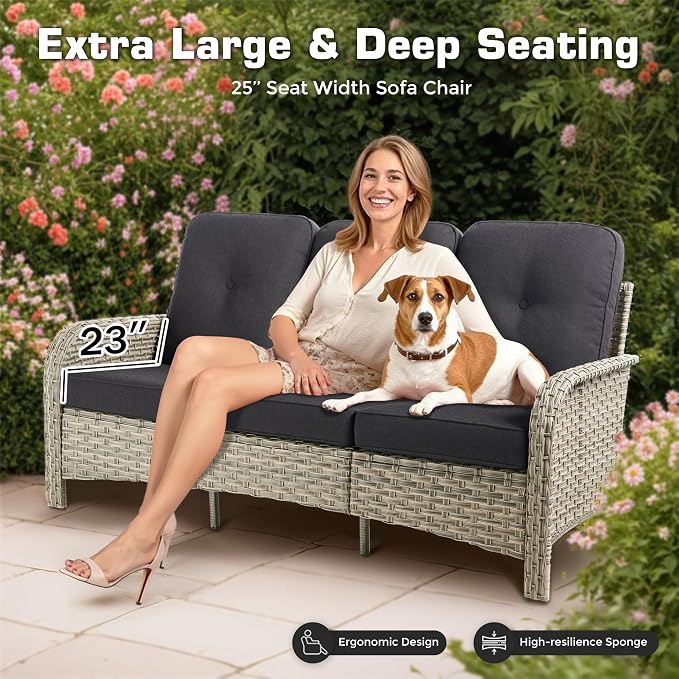 7-Piece Outdoor Patio Furniture Set with Ottomans 3 Seater Couch,All Weather Wicker Rattan Patio Seating Sofa and Chair Set with Ottomans,Outdoor Conversation Sets for Porch Deck Yard,Black