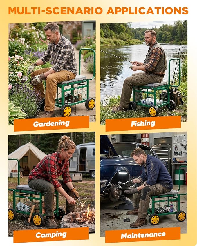 Saker Rolling Work Seat with Wheels - 15.7'' EVA Padded Stool, 500 lb Steel Frame, Large Storage Basket - Patio Lawn Backyard Cart for Gardening Tasks (Basic Version)