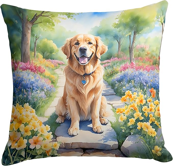 Caroline's Treasures Golden Retriever Spring Path Throw Pillow Machine Washable, Indoor Outdoor Decorative Pillow for Couch, Bed or Patio, 14Hx14W