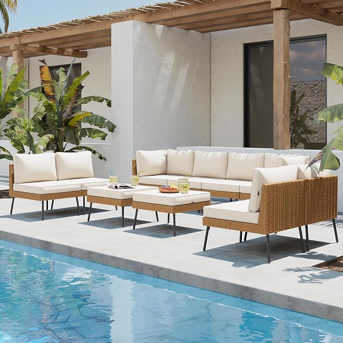 Aoxun 10 Piece Patio Furniture Set, 10 Seats Outdoor Sectional Sofas with Thick Cushion, Wicker Outdoor Patio Furniture Set with Ottomans for Party, Garden, Backyard, Beige