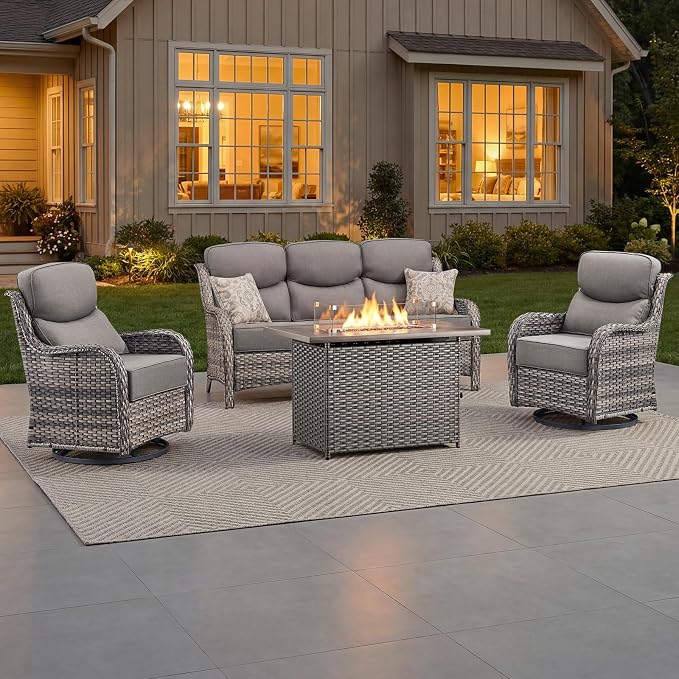 Luxury Patio Furniture Set with 6-inch Thick Cushion, Outdoor Furniture with Fire Pit Table, Swivel Chairs, Sofa, 4pcs Wicker Conversation Set for Deck Yard and Poolside Grey Wicker | Grey Cushions