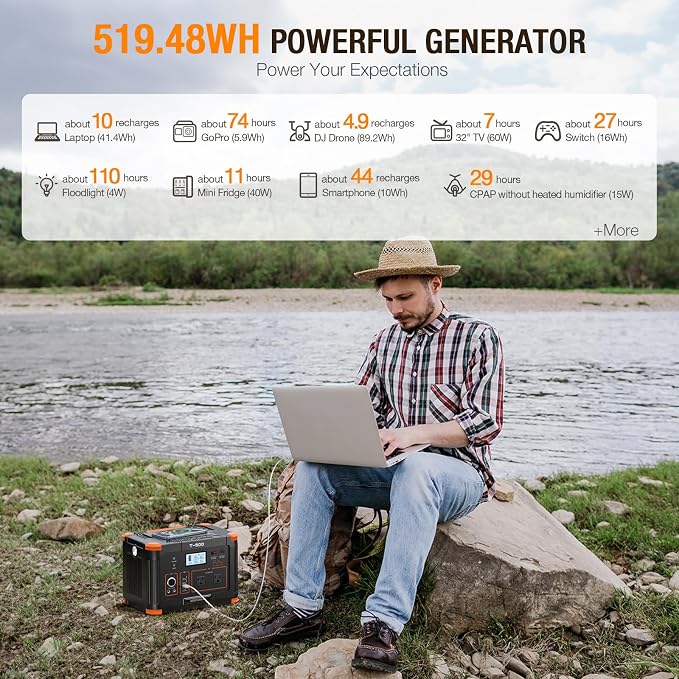 Portable Power Station 500W(Peak 1000W), 519.48Wh Outdoor Solar Generator Backup Battery Pack with 2 AC Outlets, 500W 10-Port Powerhouse for RV/Van Camping Fishing Climbing Road Trip Home Emergency
