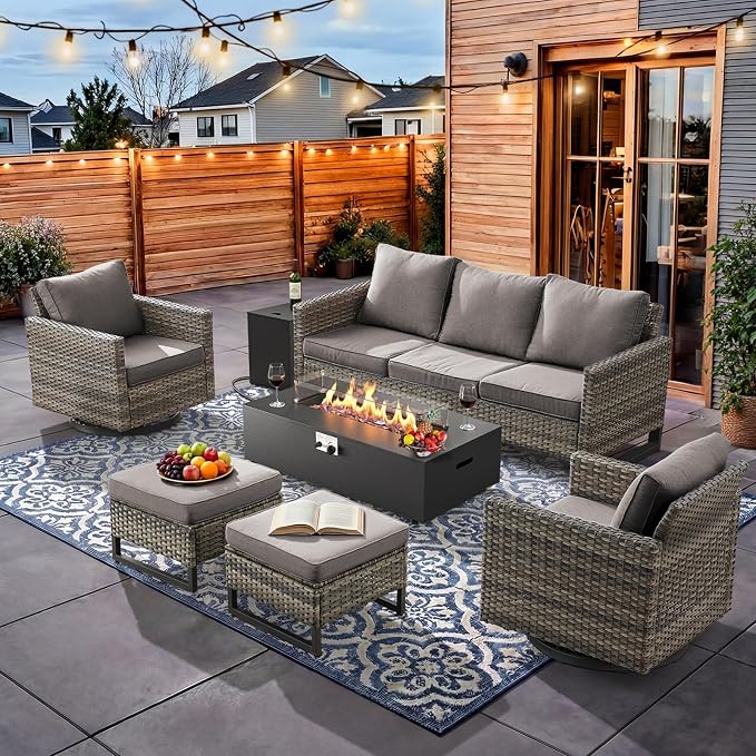 HUMMUH Patio Furniture Set with Fire Pit Table,7 Piece Wicker Outdoor Conversation Sets -Outdoor Swivel Rocker Chairs Patio Sofa for Porch,Garden,Backyard