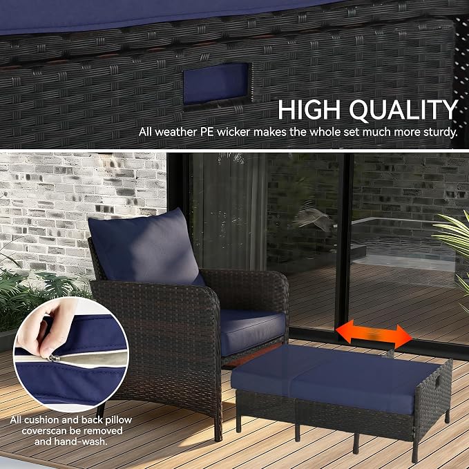 5 Pieces Patio Furniture Set, Rattan Outdoor Lounge Chairs with Soft Cushions,Outdoor Wicker Patio Conversation Set with Hidden Ottoman and Coffee Table for Porch, Garden, Backyard (Dark Blue)