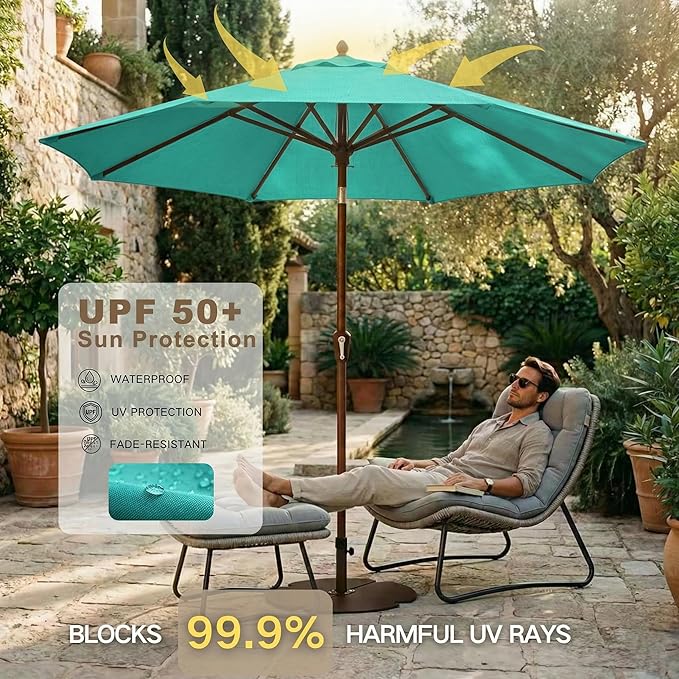 Kingdura 9FT Outdoor Patio Umbrella, Market Table Umbrella with Push Button Tilt and Crank, 8 Sturdy Fiberglass Ribs, UV Protection for Pool, Lawn, Deck, Backyard, Garden (Tiffany blue)