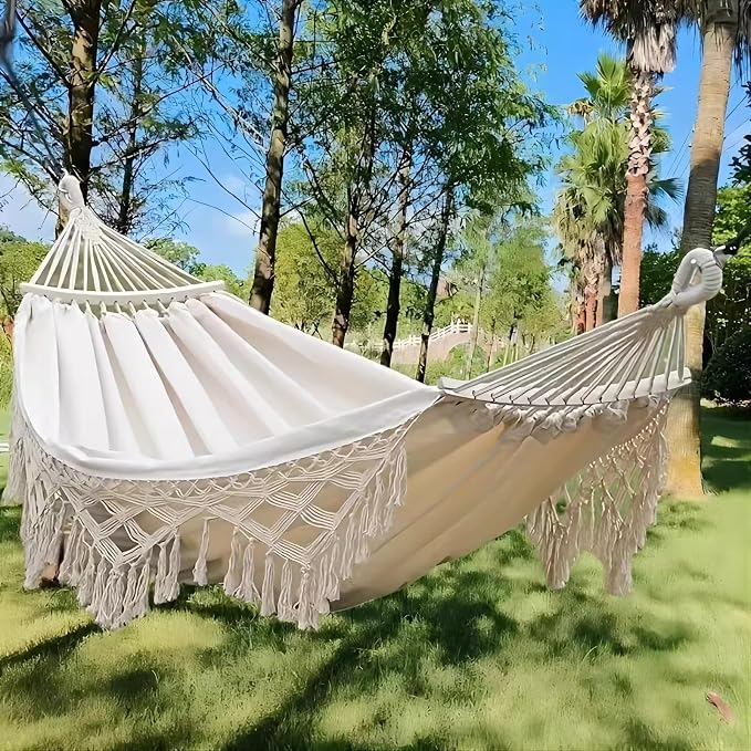 Handmade Cotton Woven Hammock, Balcony Hanging Rope Swing with Tassels, Portable Camping Double Boho Canvas Hammocks for Indoor Outdoor Patio Yard Garden(200x150cm/78.7x59in, Beige)