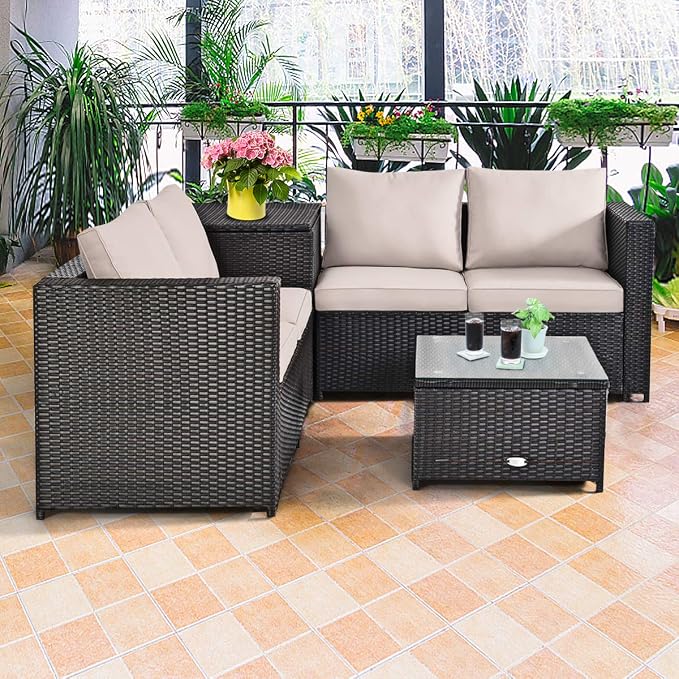 HAPPYGRILL 4PCS Patio Furniture Set Outdoor Rattan Wicker Sofa Set Conversation Set with Cushions & Storage Side Table Coffee Table for Garden Lawn Poolside Backyard