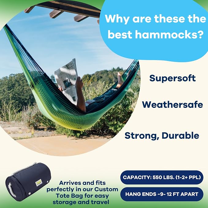 Handwoven Hammock by Yellow Leaf Hammocks - Double Size, Fits 1-2 PPL, 400lb max - Weathersafe, Super Strong, Easy to Hang, Ultra Soft, Artisan Made - Color: Neon - Blue - Turquoise