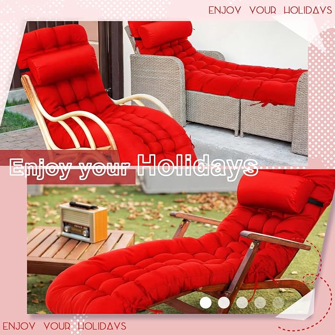 Tudomro Outdoor Chaise Lounge Cushion 66x21x4'' Waterproof & Fade-Resistant Patio Pool Chaise Lounge Cushion Headrest Pillow Tie Replacement Rocking High Back Chair(Bright Red,1 Pcs)