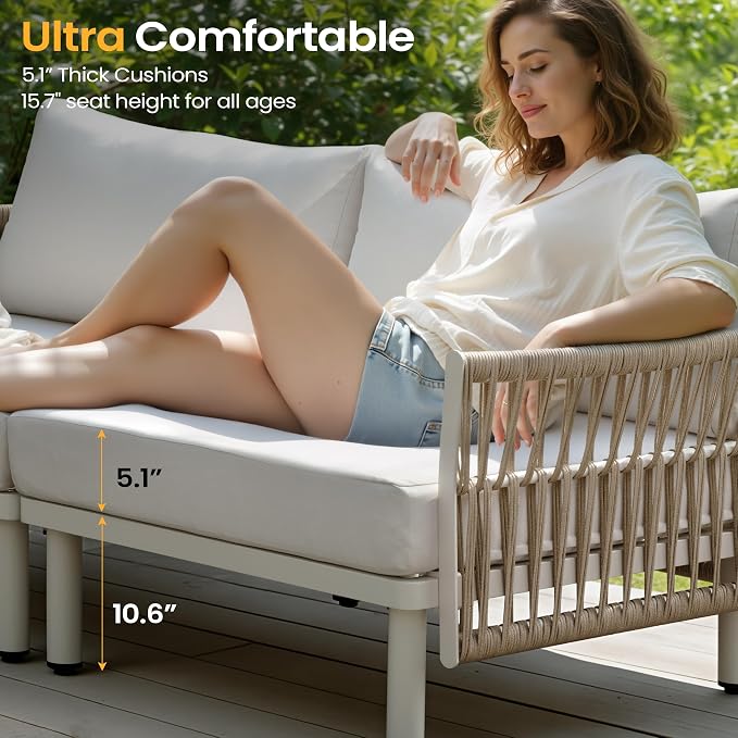 5-Piece Aluminum Modern Outdoor Sectional Sofa with Coffee Table - Weather-Resistant 31" Deep Seating Patio Conversation Set, 5.1" Thick Removable Cushions for Deck, Porch & Backyard, Beige