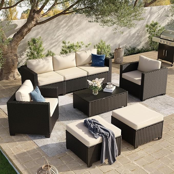 8 Piece Patio Conversation Sets Beige 7 Seats Outdoor Patio Furniture Set with Thick Waterproof Cushions Storage Coffee Table Outdoor Sectional for Garden Backyard Porch Balcony