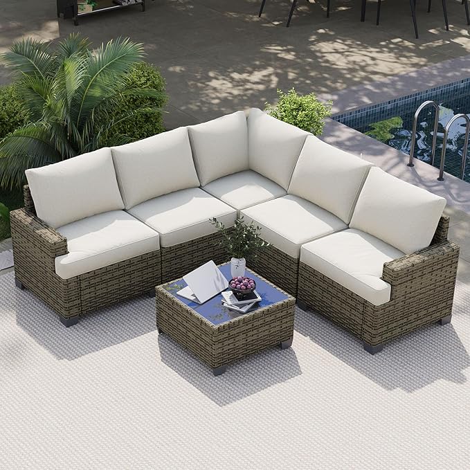 LazySunsets Luxury Patio Furniture Set, All-Weather Patio Sectional Sofas with Thickened Cushions, 6 Piece Outdoor Furniture Set, Beige