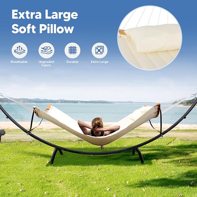 SUNCREAT Hammocks for Outside with Stand, Porch Hammock and Stand, 475 lbs Capacity, Patent Pending, Beige