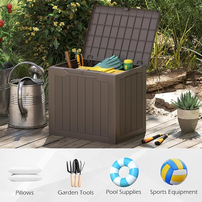 Giantex 25 Gallon Outdoor Storage Box, Patio Deck Box with Lockable Lid, Wicker-woven Texture, Waterproof Storage Bench for Pool Accessories, Garden Tools, Package Delivery, Patio Furniture (Brown)