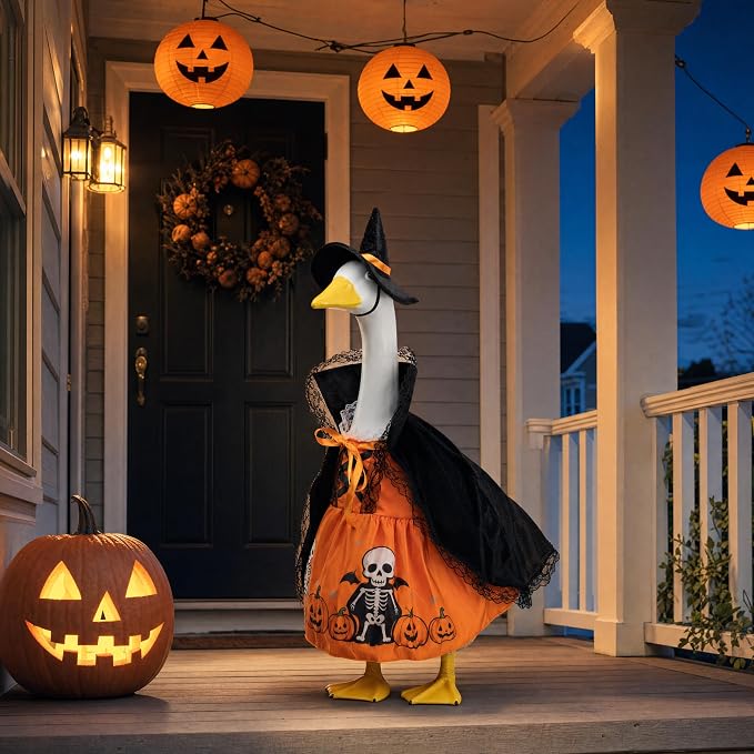 Porch Goose Outfits for 23 Inch Statue, Halloween Witch Dress Hat and Cape Set, Porch Goose Clothes for Patio Yard Garden Decor
