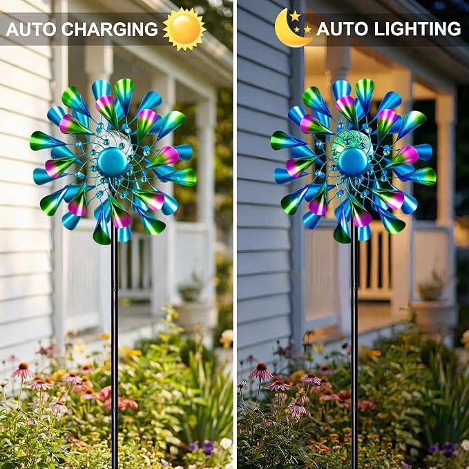 Solar Wind Spinner Outdoor Metal - Peacock Kinetic Garden Sculptures with Color-Changing LED Lights, Waterproof Wind Catchers Yard Art Decor for Patio Lawn, for Women (Green)