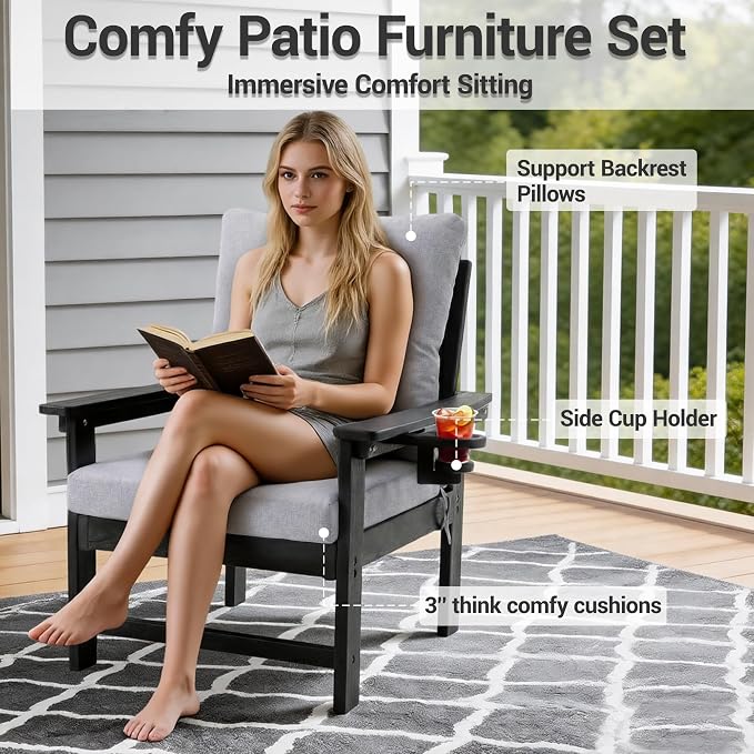 HDPE 7 Piece Patio Furniture Set, Outdoor Sectional Sofa with Coffee Table, Side Table and Seat Cusions, Patio Conversation Set for Party, Backyard, Porch, Deck, Poolside, Black & Grey