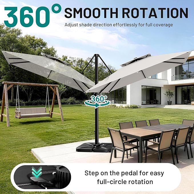 AreShark 10×10FT Double-Top Cantilever Patio Umbrella with Base Included, Offset Umbrella with 360 Degree Rotation, Heavy Duty Patio Umbrella for Garden Deck Pool, 5 Tilt Angles, Light Grey