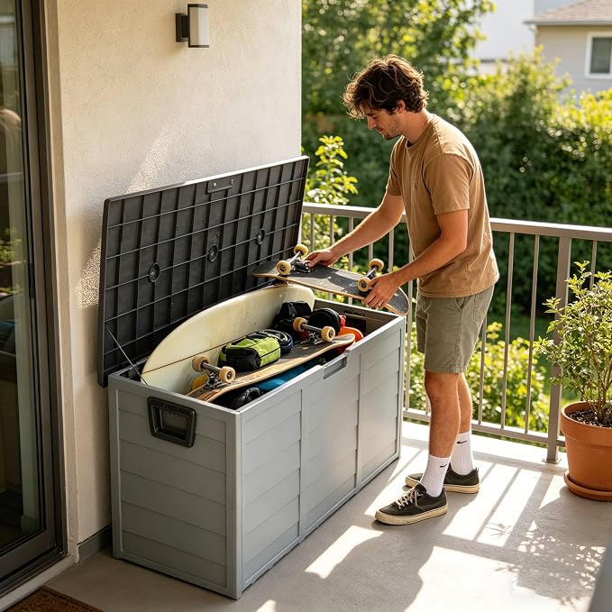 75 Gallon Large Outdoor Storage Box, Indoor and Outside Deck Box with Lockable Design Lids, Waterproof Resin Storage Containers Bin for Garden, Garage, Patio, Poolside, Toy Storage Grey