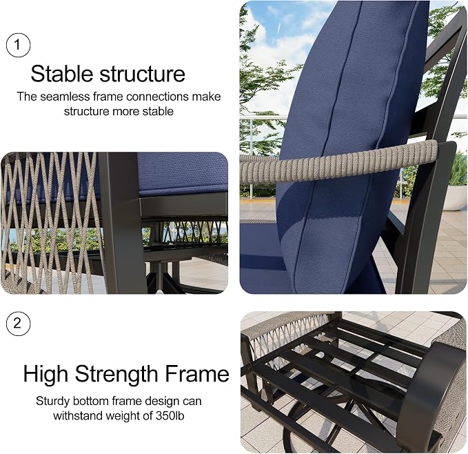6 Pieces Patio Conversation Sets, All-Weather Metal Swivel Rocking Chairs with Rope Furniture Set, Outdoor Sofa Couch for Deck, Porch, Garden, Backyard, Poolside (Blue Cushions)