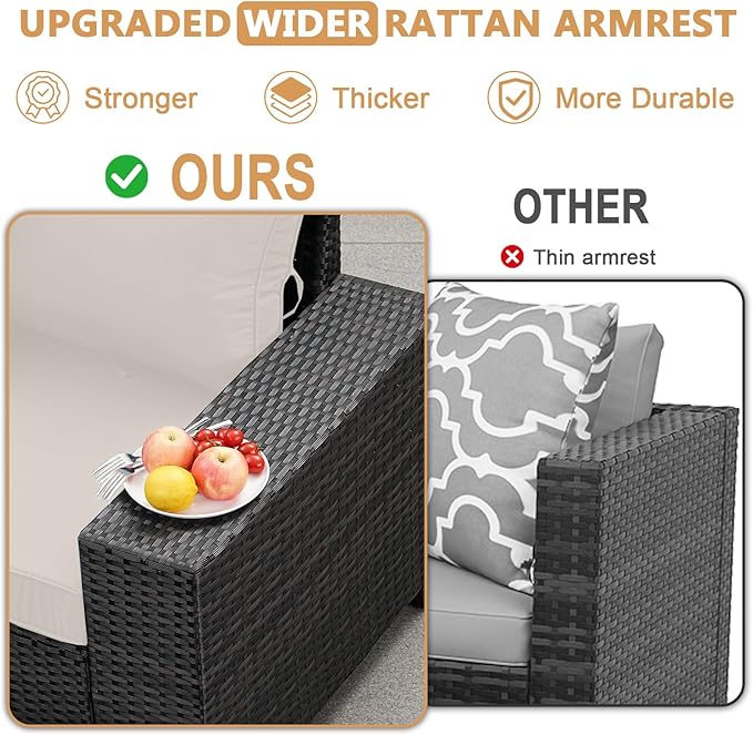 JOYURE 7 Pieces Patio Furniture Set, Outdoor Sofa with Waterproof Cushions&Ottoman, Rattan L Shaped Patio Couch & Coffee Table, Modern Outdoor Furniture for Backyard, Deck, Balcony – Beige