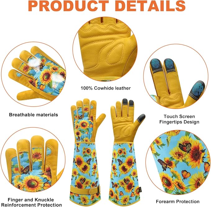 DLY Garden Gloves for Women,Gardening Gloves,Gardening Gift for Lady,Blue,L | Thornproof Cowhide Palm, Foam-Padded Grip, Long Sunflower Print Cuff, 3-Finger Touchscreen, Rose Pruning, Weeding & Yard Work
