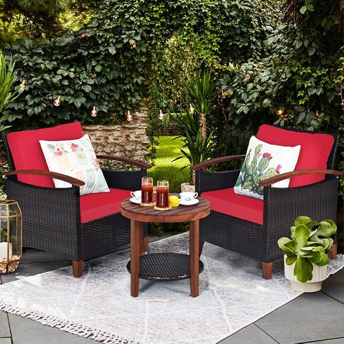COSTWAY 3PCS Patio Rattan Furniture Set, Outdoor Solid Wood Frame Cushion Sofa with Round Table for Garden Porch Backyard Poolside (Red)