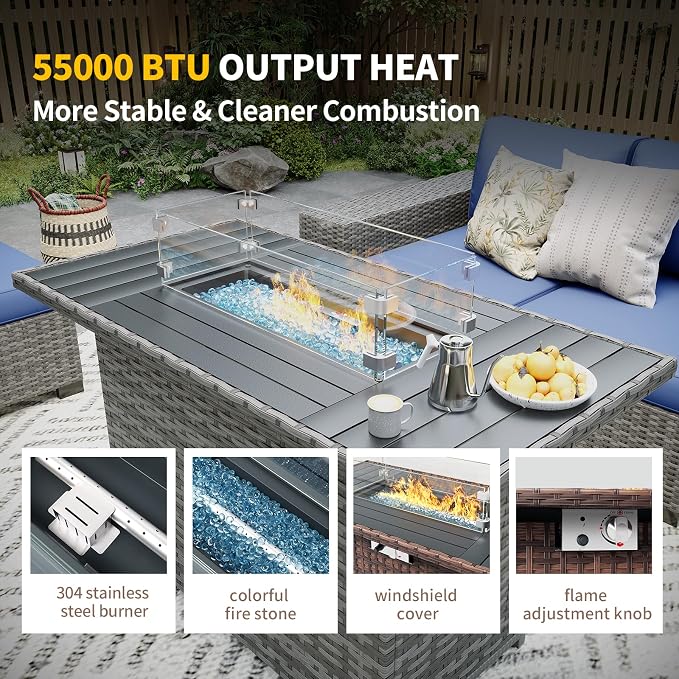 Patio Furniture with Fire Pit Table,8‘’ Wide armrest Outdoor Sectional Rattan Sofa Set, Wicker Patio Furniture Sets w/Coffee Table,Thick Cushions and Cover for Porch, Deck, 9 PC (Grey&Navy)