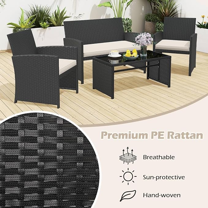 RELAX4LIFE 4-Piece Patio Furniture Set - Wicker Rattan Outdoor Sectional Sofa Set w/Glass Coffee Table, Loveseat, 2 Chairs & Soft Cushions, Bistro Conversation for Garden Porch (1, Black-White)
