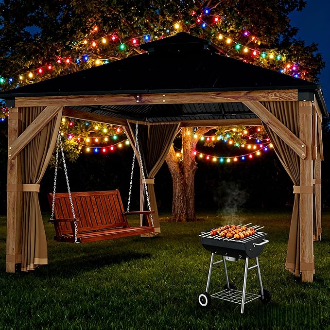 10x12 FT Hardtop Wooden Gazebo with Galvanized Steel Double Roof, Aluminum Frame, Mosquito Netting & Curtains – Durable Outdoor Pavilion for Patio, Backyard, Deck & Lawn