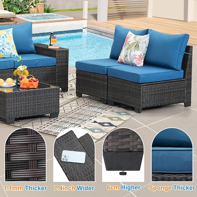 6-Piece Outdoor Patio Furniture Set, Modular Wicker Sectional Sofa with Thick Cushions & Coffee Table, All-Weather Rattan Conversation Set for Backyard, Porch, Poolside, Peacock
