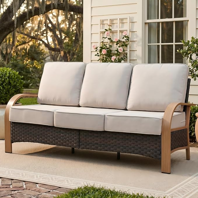 Belord Upgraded 6" Cushion Luxury 3-Seater Outdoor Couch, Wicker Patio Sofa with 6-Inch Thick Cushions, All Weather Rattan Conversation Set Furniture for Balcony Porch Deck Yard, Wood & Beige