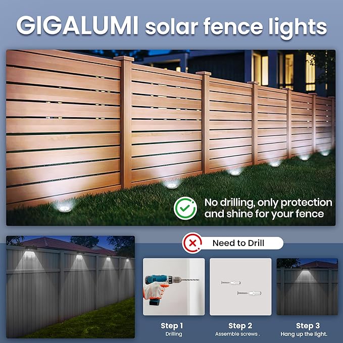 GIGALUMI Solar In-Ground Fence Lights - 12 Pack Cool White, Waterproof Fence Perimeter Lights, No-Drill Installation, Compatible with Wood, Metal, Vinyl, Concrete and Composite Fences
