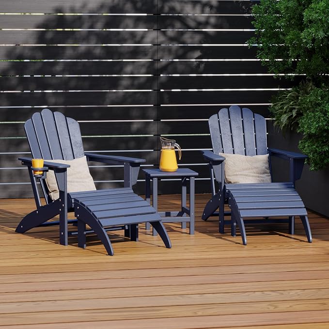 Costaelm Lakeview 5-Piece Adirondack Chair with Folding Ottoman and Table Set, Navy Blue
