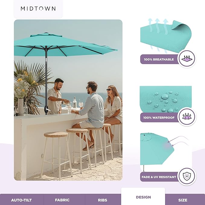 Midtown Umbrellas – The Lean 8 Ft Patio Umbrella with 10-Year-No-Fade Acrylast Acrylic Fabric, Auto-Tilt and 8 Reinforced Ribs for Deck, Pool, Garden, Hotel & Cafes – Azure Canopy, Black Pole