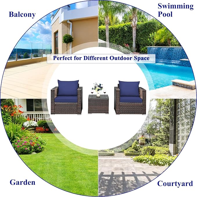 COSTWAY 3-Piece Patio Furniture Set, Outdoor Wicker Rattan Sofa with Cushions and Coffee Table with Tempered Glass, Modern Conversation Chair Set for Poolside Backyard Balcony Lawn (Navy)