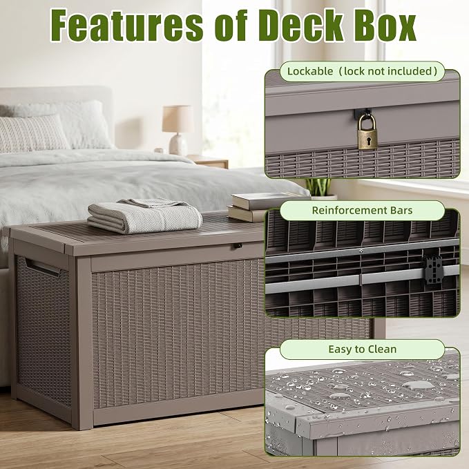 320 Gallon Storage Box, Deck Box, Large Storage Box, Waterproof &Resin with Hydraulic Rods Connected, For Patio, Lawn, Outdoor& Indoor Use Grey