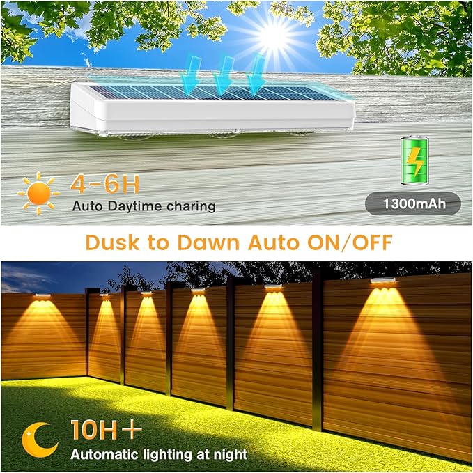 JOFIOS Solar Fence Lights Outdoor,1300mAh, 12pack,Warm/Natural/Cool White,IP65 Waterproof,Fence Lights Solar Powered,Solar Lighting for Deck, Backyard, Railing(White)